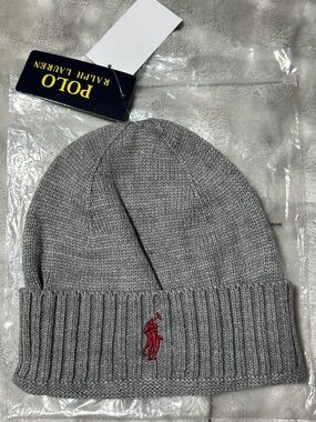 Polo Ralph Lauren Gray Rib Knit Beanie Red Pony Logo NWT